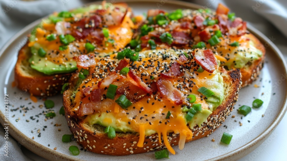A plate showcases three pieces of toasted bread layered with creamy avocado, melted cheese, crispy bacon, and fresh green onions, creating an enticing breakfast option ideal for any time. A plate showcases three pieces of toasted bread layered with creamy avocado, melted cheese, crispy bacon, and fresh green onions, creating an enticing breakfast option ideal for any time.