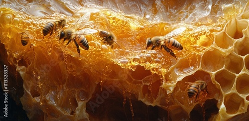 queen bee apis mellifera marked with dot surrounded by worker bees in hive close up honeycomb life photo