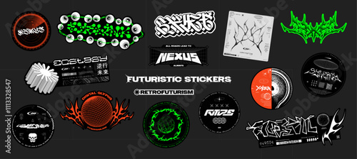 Stylish futuristic cyberpunk stickers, minimalist stickers, patches, labels with gothic calligraphy, inscriptions, labels streetwear, typography. Vector. Translation from Japanese: Retrograde future