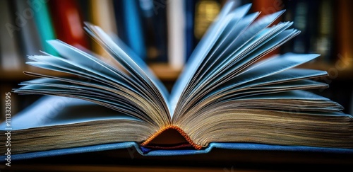 Close-Up of Open Book with Fanned Pages Dramatic Lighting Textured Details and Blurred Background