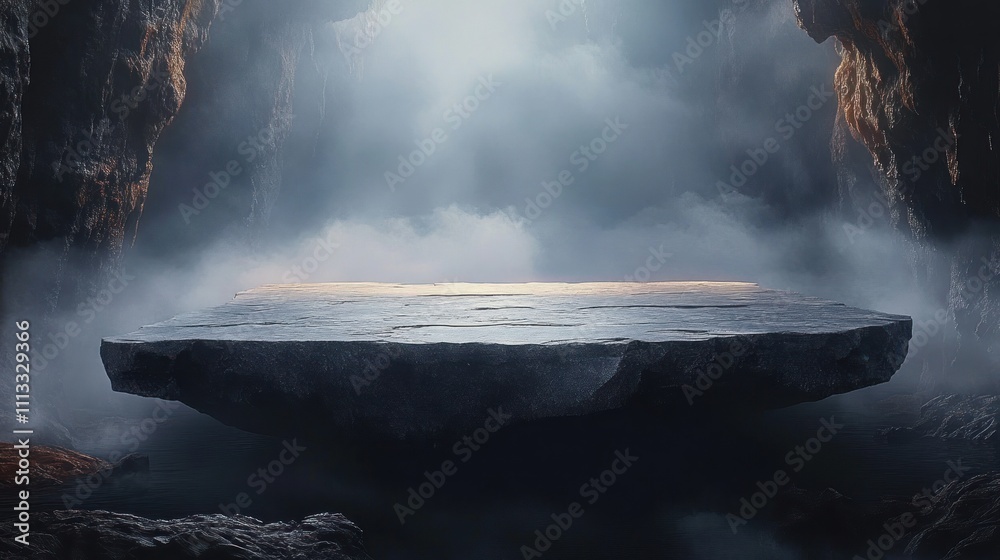 Mystical Floating Stone Platform Surrounded by Dark Misty Caverns with Dramatic Lighting and Surreal Ambiance Mystical Floating Stone Platform Surrounded by Dark Misty Caverns with Dramatic Lighting and Surreal Ambiance