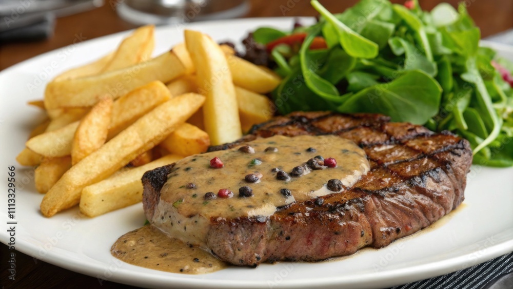 A perfectly grilled steak adorned with a rich peppercorn sauce accompanied by crispy golden fries and a side of green salad. A perfectly grilled steak adorned with a rich peppercorn sauce accompanied by crispy golden fries and a side of green salad.