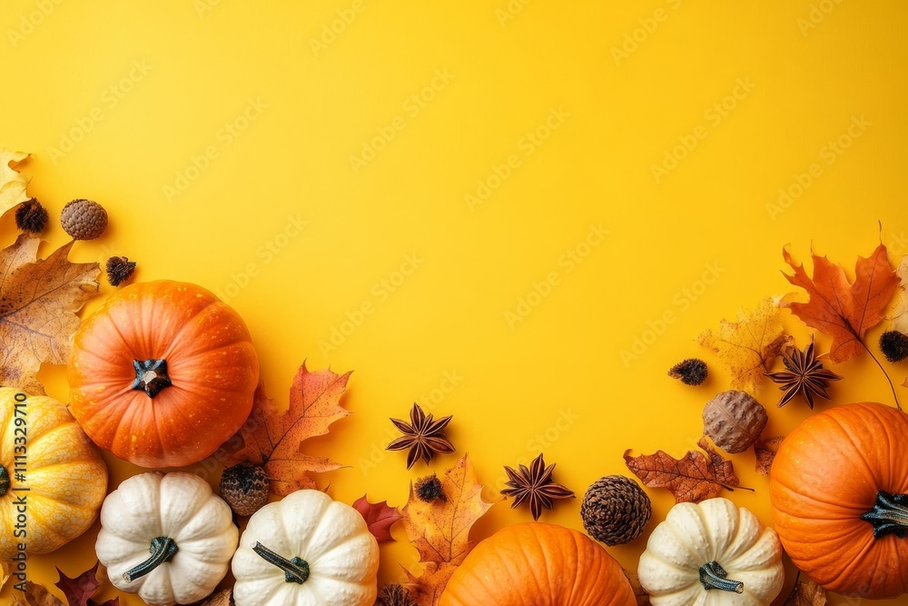 Fall Pumpkins Leaves Acorns and Star Anise on Bright Yellow Background Fall Pumpkins Leaves Acorns and Star Anise on Bright Yellow Background