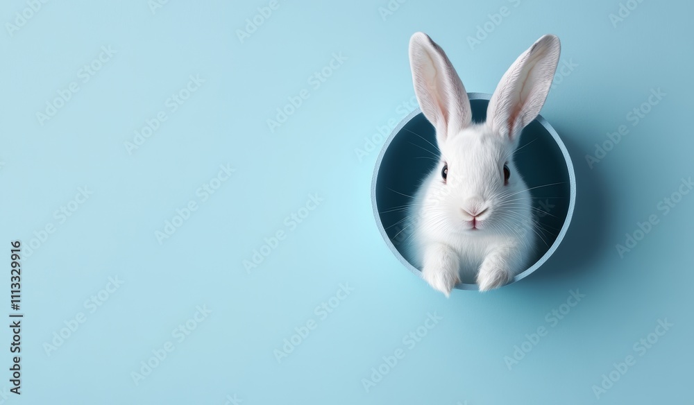Obraz premium White Bunny Peeking from Blue Hole Cute Fluffy Rabbit Easter Spring Fun