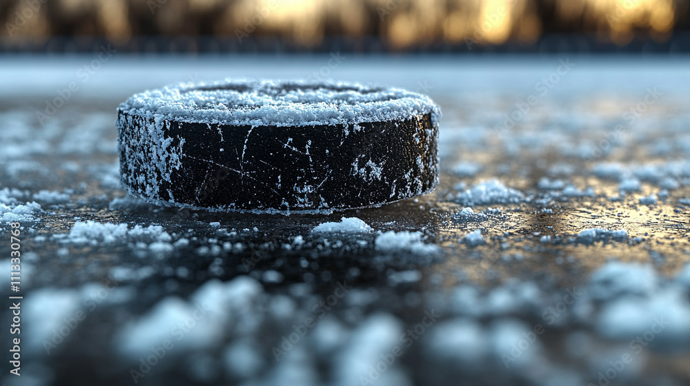 black hockey puck resting on an empty ice rink symbolizing focus, preparation, and anticipation for the game ahead, emphasizing stillness and readiness before action black hockey puck resting on an empty ice rink symbolizing focus, preparation, and anticipation for the game ahead, emphasizing stillness and readiness before action