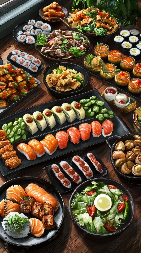 Fototapeta premium Asian food buffet in restaurant multiple food dishes and salad. food vectors. Ultra realistic. Photorealistic