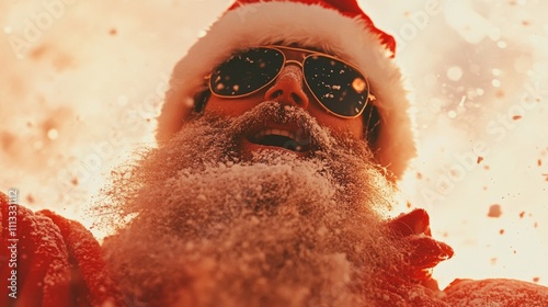 A man with a snowy beard and Santa hat joyfully looks up, snow falling around him.  A festive, winter wonderland moment. photo