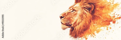Majestic lion profile, fiery mane ablaze against a white backdrop. A symbol of power and grace.