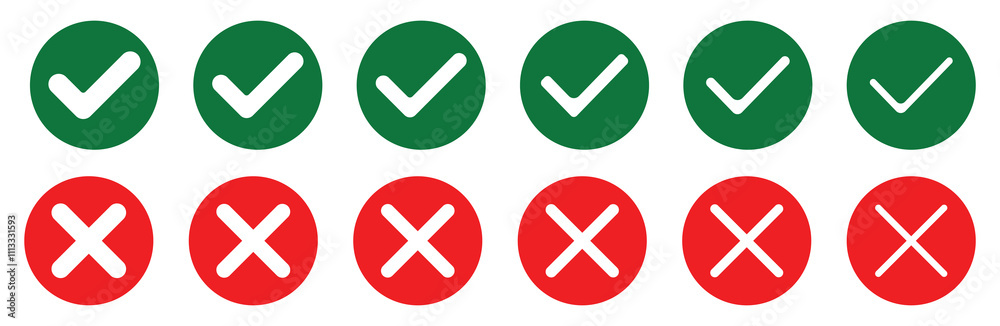 Green tick and red cross button set. Check mark icon button set. Check box icon with right and wrong buttons and yes or no checkmark icons in green tick box and red cross. Green tick and red cross button set. Check mark icon button set. Check box icon with right and wrong buttons and yes or no checkmark icons in green tick box and red cross.