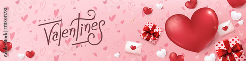 Valentines day banner card background with festive heart shaped and gift decoration frame and calligraphy of valentines day