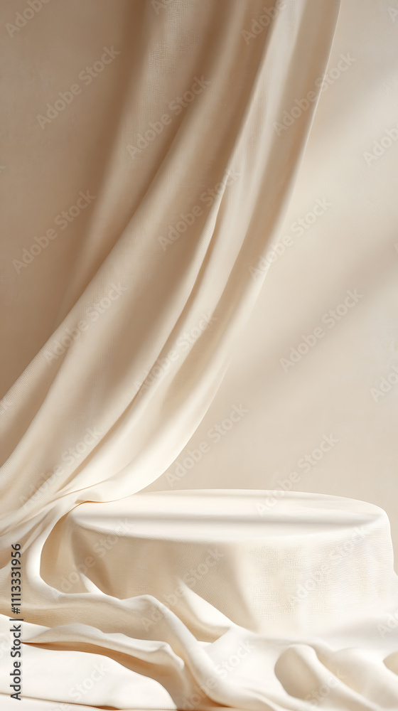 Elegant fabric draping over round tabletop minimalist interior soft natural light cozy atmosphere Elegant fabric draping over round tabletop minimalist interior soft natural light cozy atmosphere
