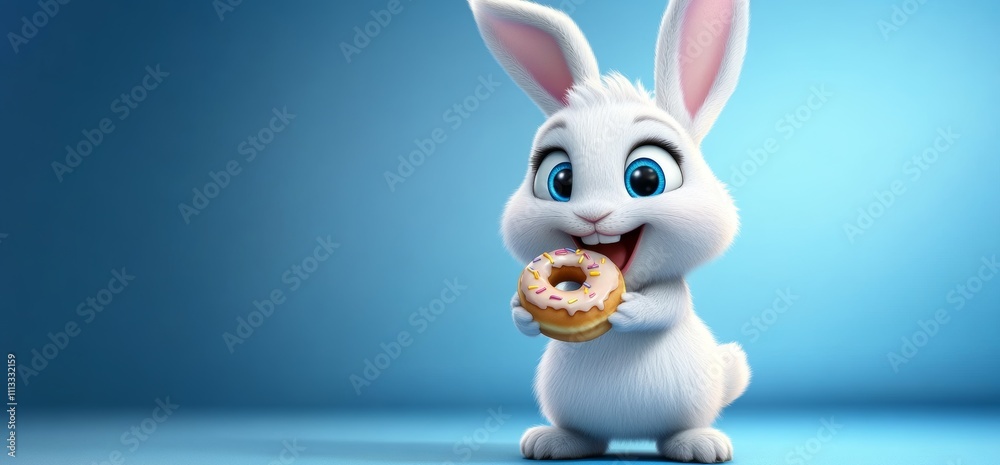 Fototapeta premium Cute Fluffy White Rabbit with Donut on Blue Background Easter Decoration