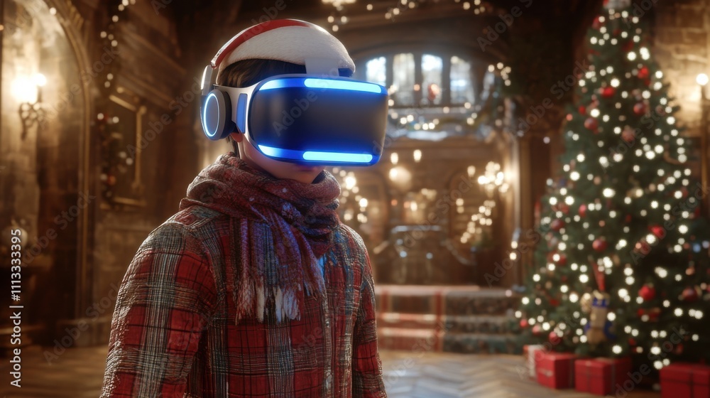 Child Enjoying Virtual Reality in Cozy Holiday Setting with Christmas Tree Child Enjoying Virtual Reality in Cozy Holiday Setting with Christmas Tree