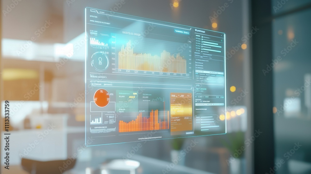 A futuristic digital interface displaying data analytics and visualizations, highlighting graphs and metrics in a modern workspace. A futuristic digital interface displaying data analytics and visualizations, highlighting graphs and metrics in a modern workspace.