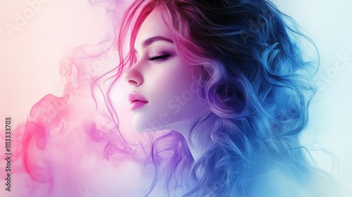 Young Woman Portrait with Flowing Hair and Soft Pastel Colors