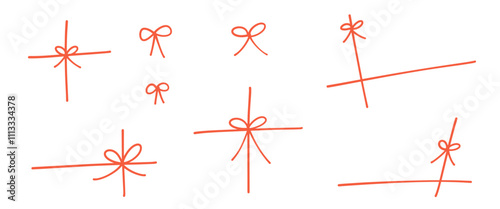 Gift bowknot ribbon. Illustration of a thin string tied in a crisscrossing pattern. Flat hand drawn vector material isolated on white background. Festive gift box, card decoration.