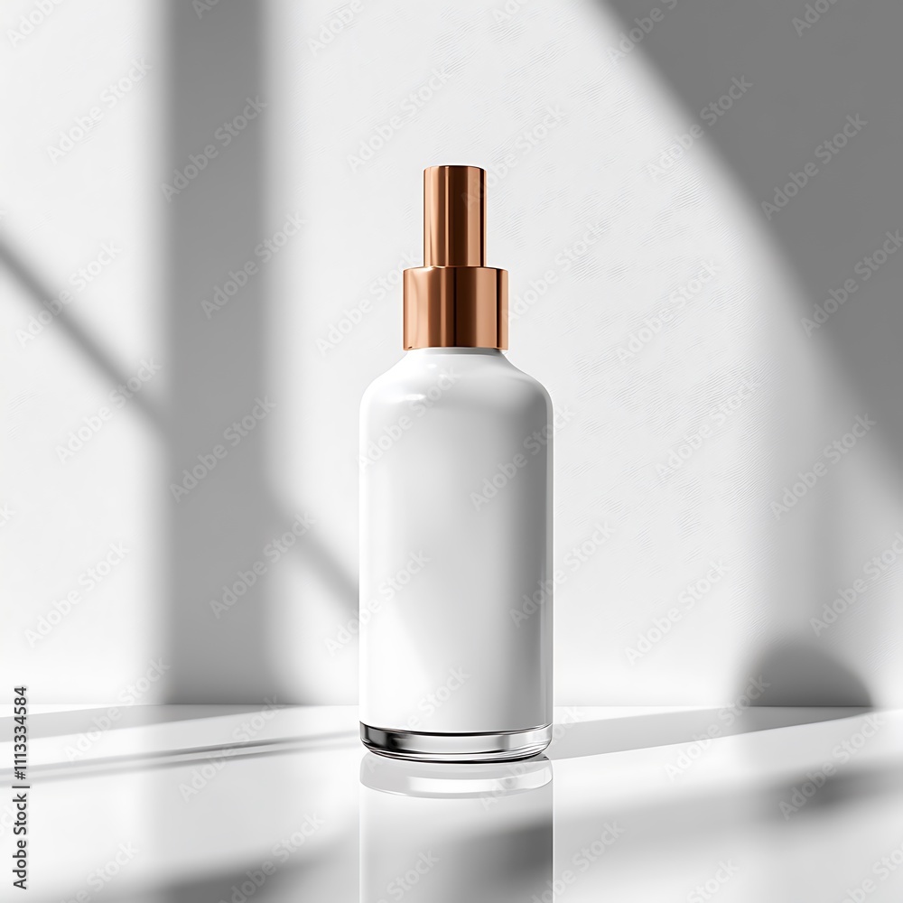 White and Copper Spray Bottle on a White Tabletop White and Copper Spray Bottle on a White Tabletop