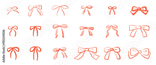 Set of hand-drawn illustrations of bow tie ribbons. Ribbon ties or bow ties in various shapes. Hand drawn vector material isolated on white background.