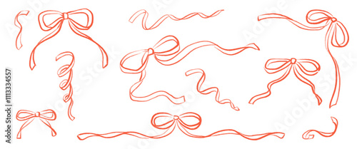Hand drawn illustration set of bow ribbon. Hand drawn vector material isolated on white background. Festive gift box, card decoration.