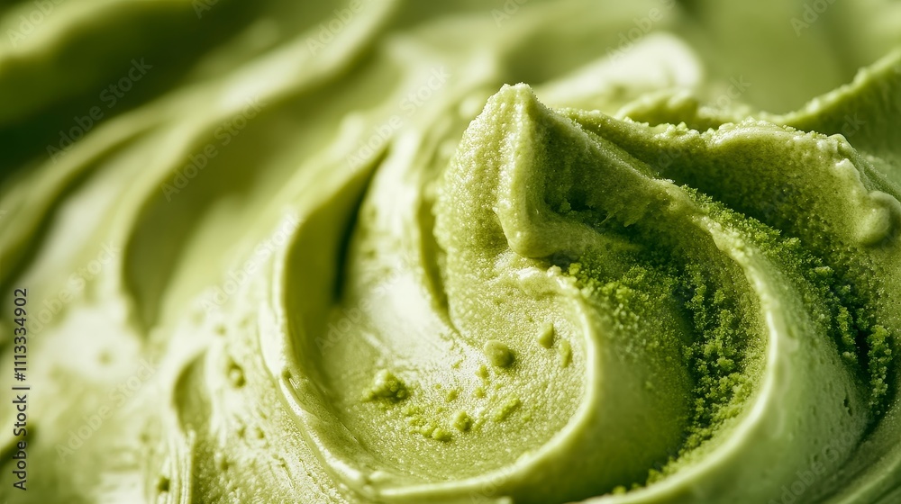Fototapeta premium ultra-close macro shot of premium matcha frozen cream, luxurious swirled texture, elegant food styling, botanical green tones, sophisticated dessert composition, fine grain detail, culinary artistry