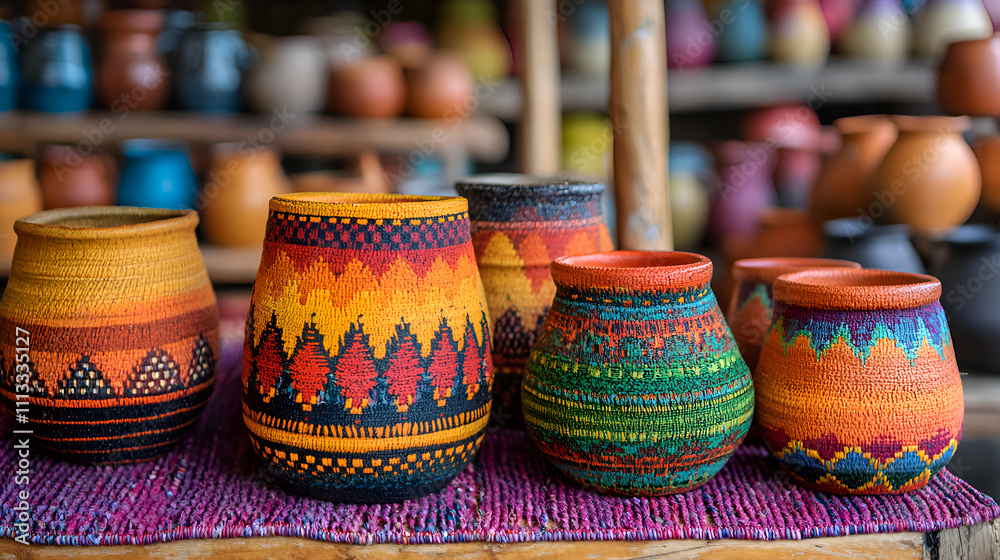 Vibrant Handmade Ceramic Pottery Display in Rustic Interior Decor Vibrant Handmade Ceramic Pottery Display in Rustic Interior Decor