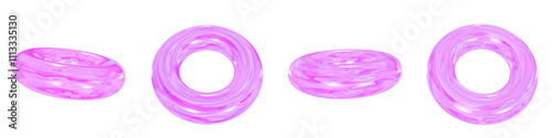 Set of 4 3d iridescent torus isolated on a transparent background. Pink tone. 3d elements for graphic design.