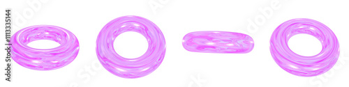 Set of 4 3d iridescent torus isolated on a transparent background. Pink tone. 3d elements for graphic design.