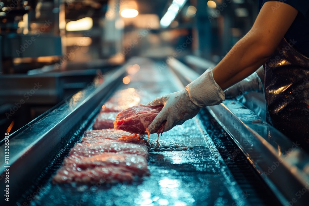 Fototapeta premium Meat factory worker collecting packaged meat from a conveyor belt in a bright environment