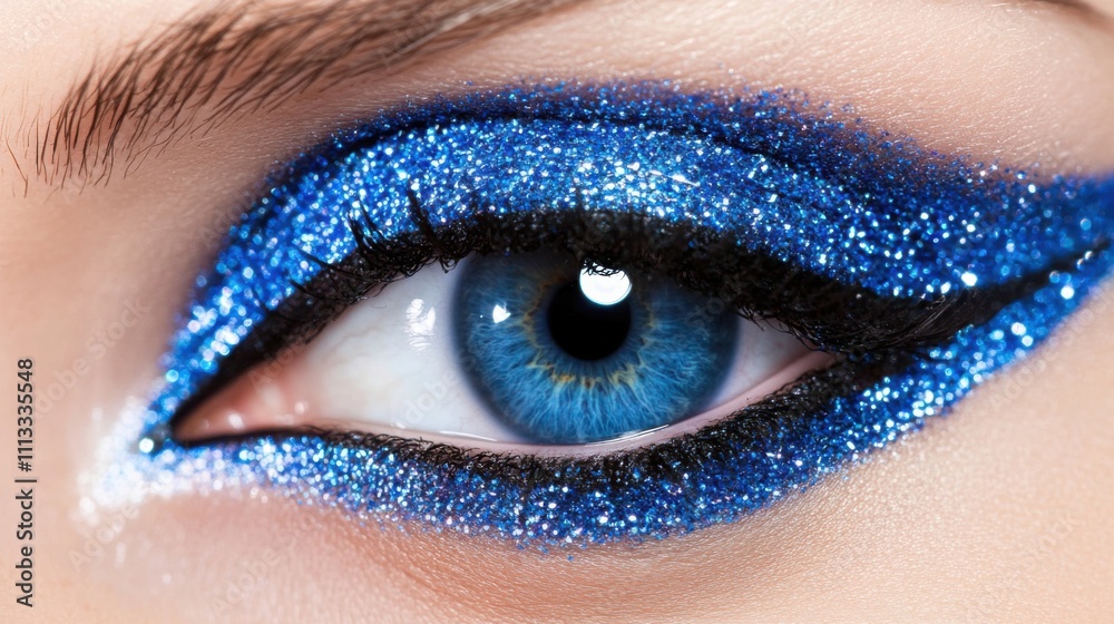 Bright Blue Glitter Eye Makeup with Dramatic Eyeliner Style Bright Blue Glitter Eye Makeup with Dramatic Eyeliner Style