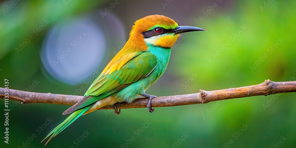Obraz premium Colorful Asian green bee-eater perched on a branch, bird, Sri Lanka, Asia, green, bee-eater, Merops orientalis, little