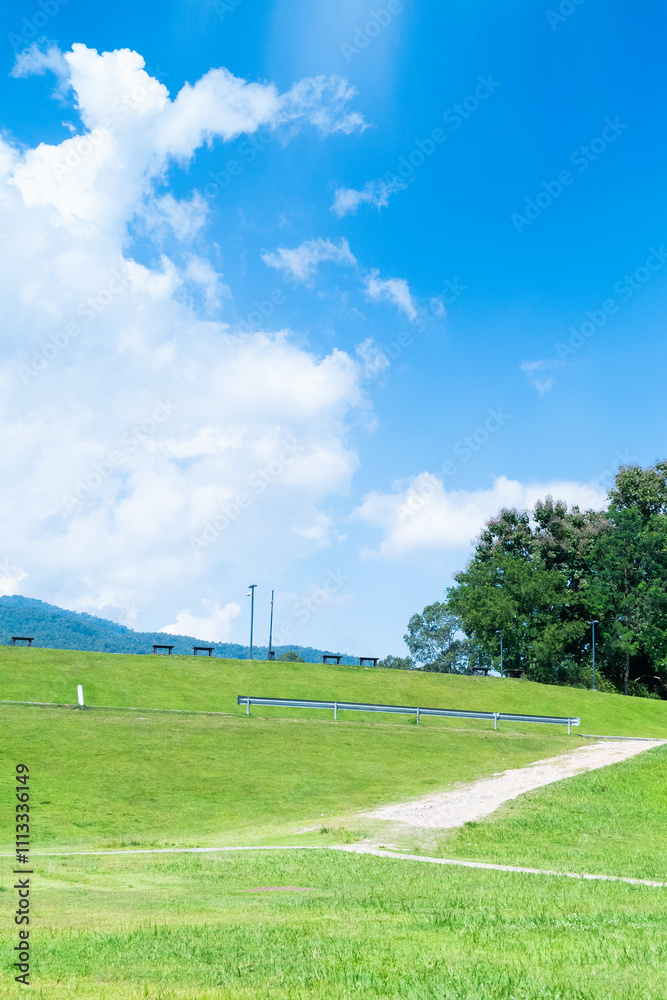 Obraz premium Winding path through a green grass field in hilly area against blue sky with clouds,Pathway s curve in public park.