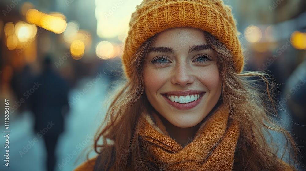 Smiling woman in an orange beanie and scarf, captured in a vibrant urban setting. Smiling woman in an orange beanie and scarf, captured in a vibrant urban setting.