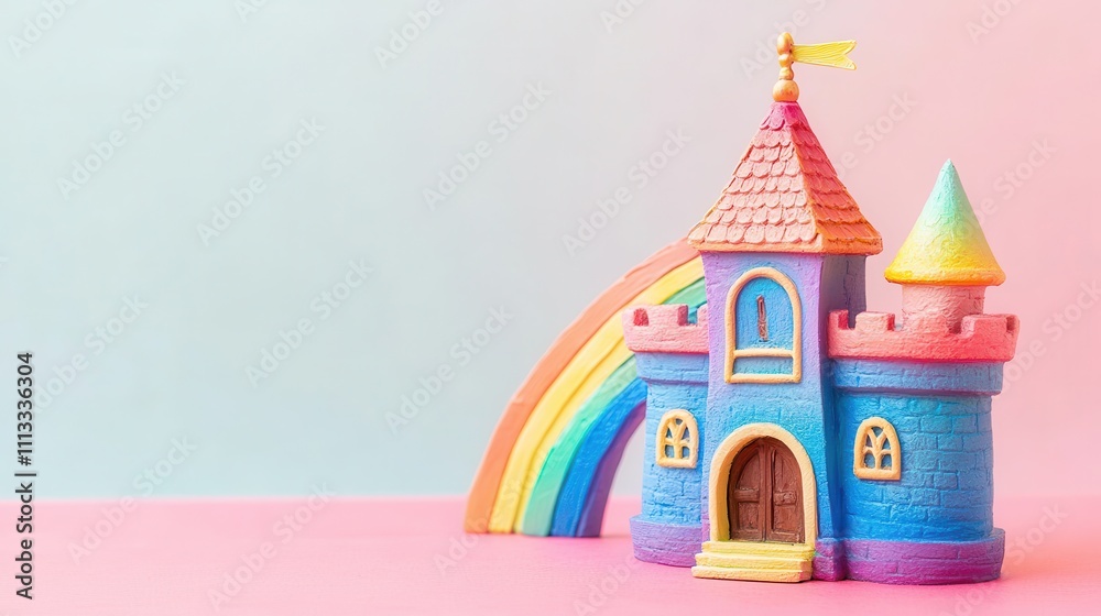Fototapeta premium A colorful toy castle with a rainbow beside it, set against a pastel background, creating a whimsical and playful atmosphere.