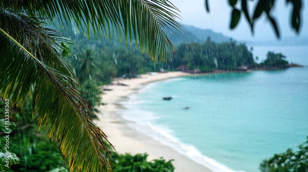 A serene beach view framed by lush greenery and palm trees, with calm turquoise waters gently lapping at the shore.