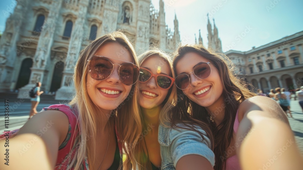 Three friends smiling for a selfie in front of a historic building on a sunny day. Three friends smiling for a selfie in front of a historic building on a sunny day.