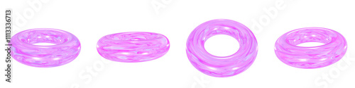 Set of 4 3d iridescent torus isolated on a transparent background. Pink tone. 3d elements for graphic design.