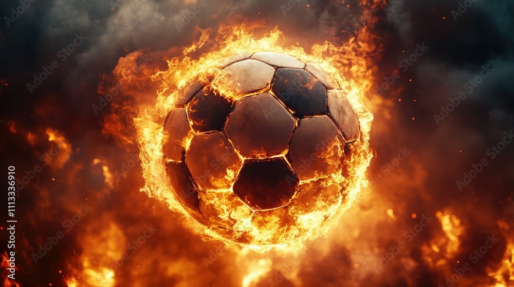 Fototapeta premium A soccer ball surrounded by intense flames and glowing embers flies through the sky, symbolizing passion and power in the sport.