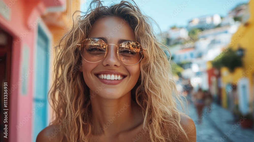 A smiling woman with curly hair and sunglasses against a colorful street backdrop.