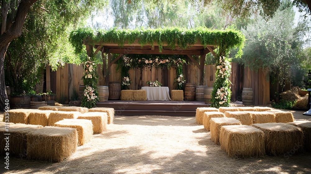 Obraz premium Hay bale chairs are set up around a wooden altar covered in flowers and greenery in this outdoor rustic wedding scene.