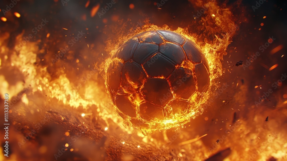 Naklejka premium A soccer ball surrounded by roaring flames flies through the air, capturing the intensity of the game and a dynamic sense of motion.