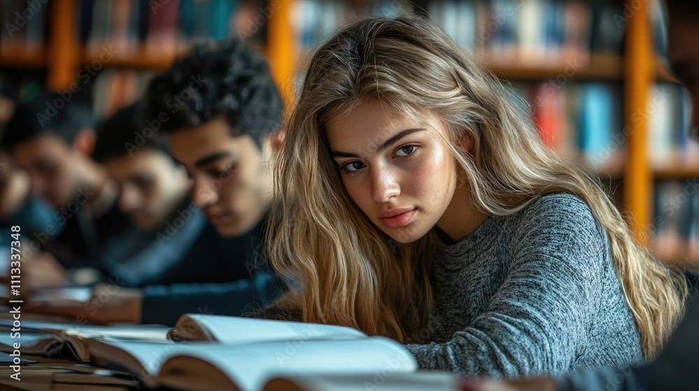 A focused student studying in a library surrounded by peers and books. A focused student studying in a library surrounded by peers and books.