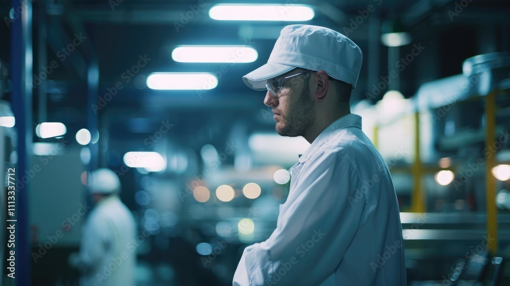 Worker in a factory wearing a white uniform and cap, focused on tasks in a well-lit industrial setting. Worker in a factory wearing a white uniform and cap, focused on tasks in a well-lit industrial setting.