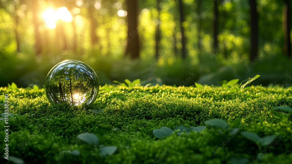 crystal-clear glass globe rests on vibrant green moss in a serene forest, symbolizing global unity, environmental harmony, and the fragile interconnectedness of nature and humanity crystal-clear glass globe rests on vibrant green moss in a serene forest, symbolizing global unity, environmental harmony, and the fragile interconnectedness of nature and humanity