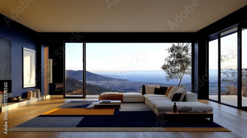 Modern living room with panoramic ocean views. A sectional sofa is the centerpiece, bathed in warm sunlight.