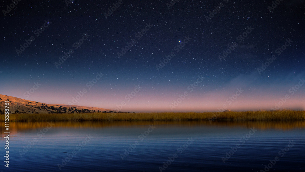 Lake reflection of the blue starry sky, space wallpaper for desktop home screen, calm water during night time, 3d illustration of the universe Lake reflection of the blue starry sky, space wallpaper for desktop home screen, calm water during night time, 3d illustration of the universe