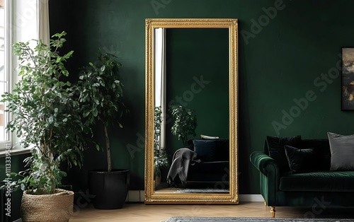 Gold framed full-length mirror reflecting a green velvet sofa and plants in a dark green room.