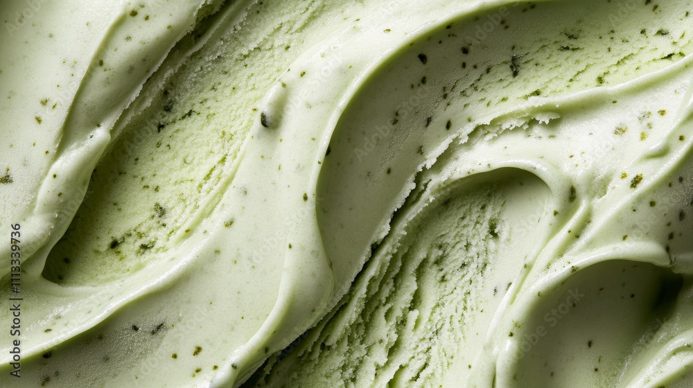 Fototapeta premium closeup of fresh matcha green tea ice cream texture, soft creamy surface, organic swirls pattern, artisanal gelato, fine granular detail, food photography, frosty cold dessert, mint sage color palette