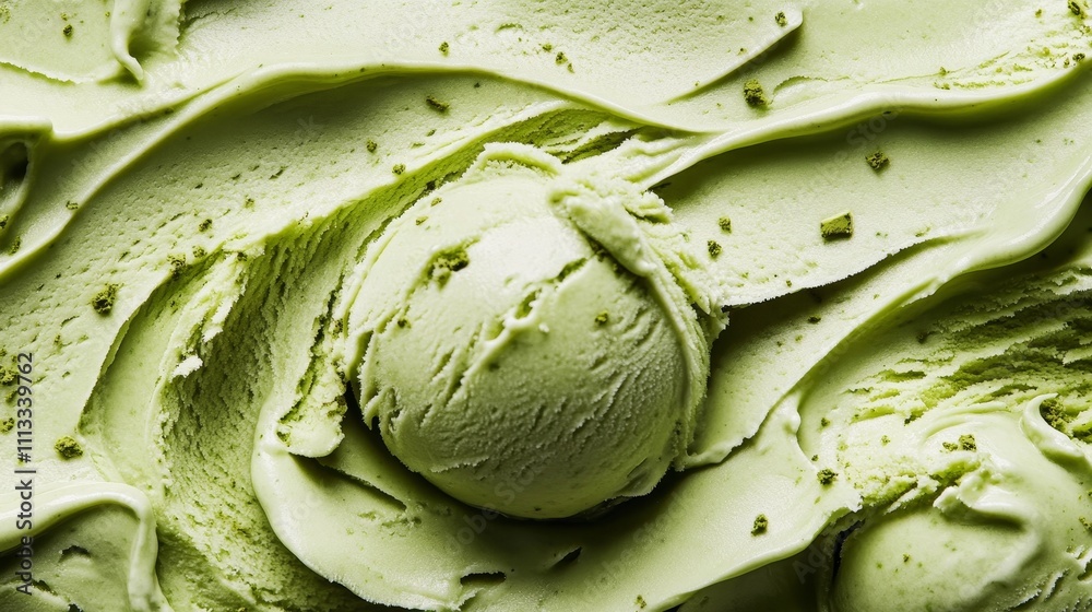 Obraz premium closeup of fresh matcha green tea ice cream texture, soft creamy surface, organic swirls pattern, artisanal gelato, fine granular detail, food photography, frosty cold dessert, mint sage color palette