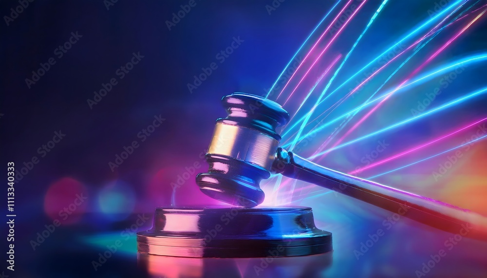 Gavel striking with light beams of law, futuristic background, 3D illustration, law restriction, regulations, enforcement. Gavel striking with light beams of law, futuristic background, 3D illustration, law restriction, regulations, enforcement.