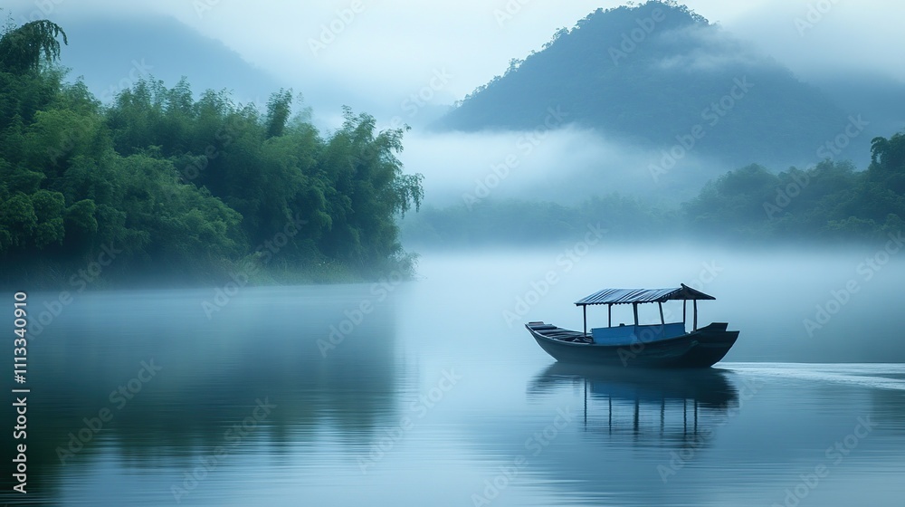 Fototapeta premium Serene Misty Lake Landscape with a Boat